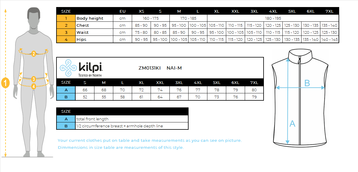 Heren geïsoleerd vest Kilpi NAI-M – Maattabel