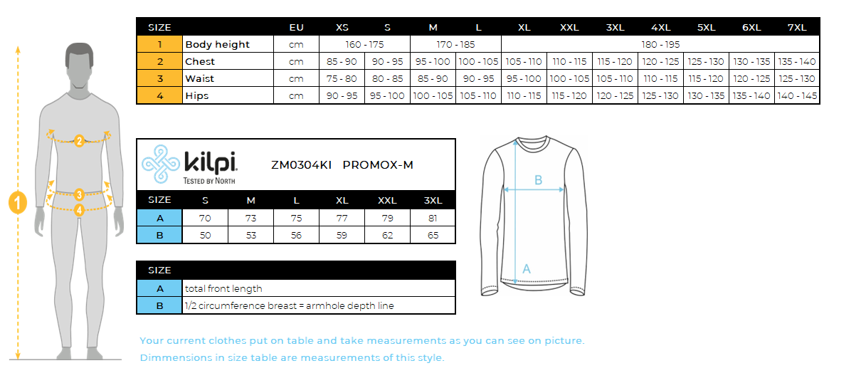 HERENkatoenen T-shirt met lange mouwen Kilpi PROMOX-M – Maattabel