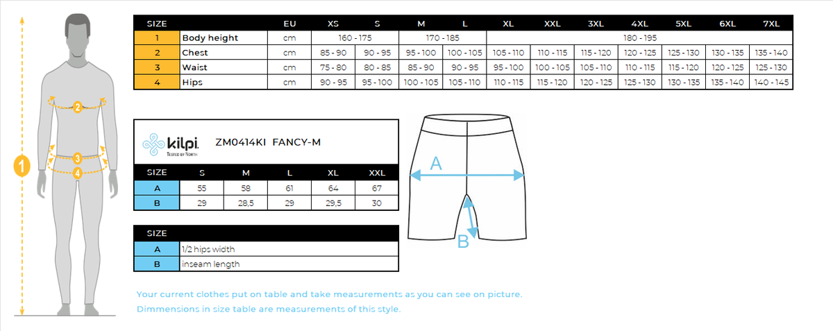 Heren geïsoleerd SHORTS Kilpi FANCY-M – Maattabel