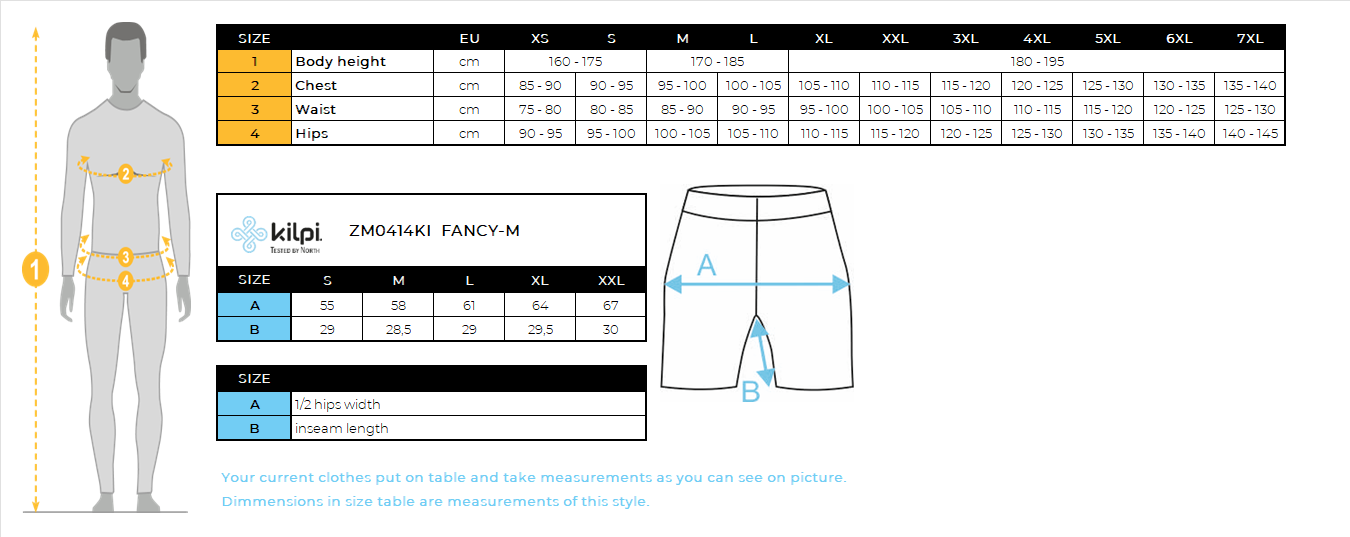 Heren geïsoleerd SHORTS Kilpi FANCY-M – Maattabel