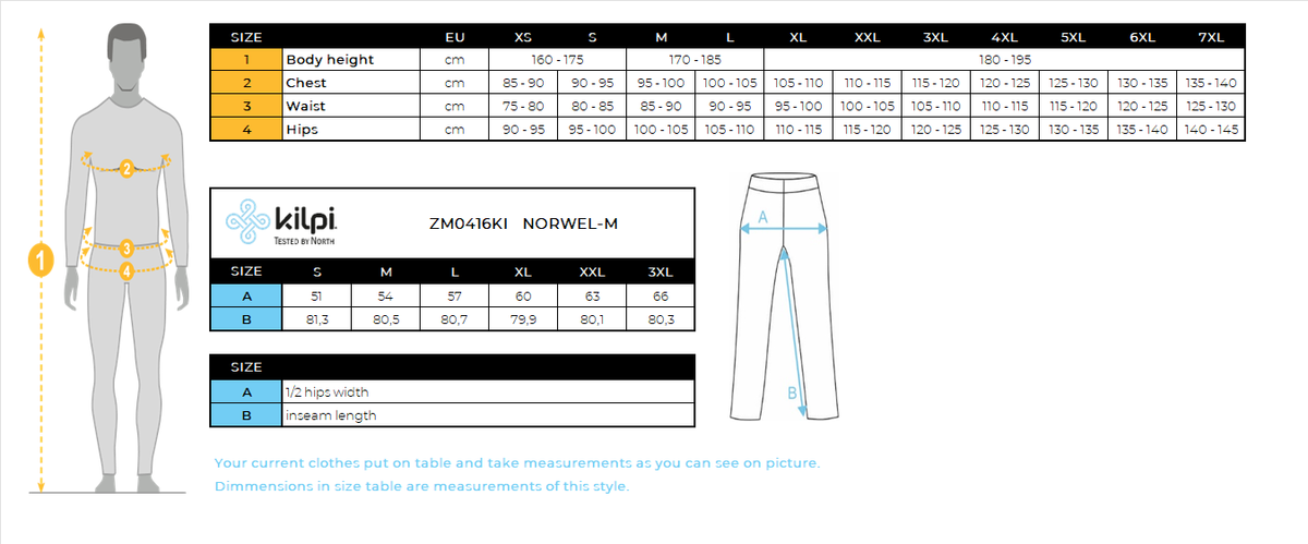 Hardloopbroek voor heren Kilpi NORWEL-M – Maattabel