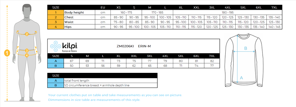 Heren FLEECE sweatshirt Kilpi ERIN-M – Maattabel